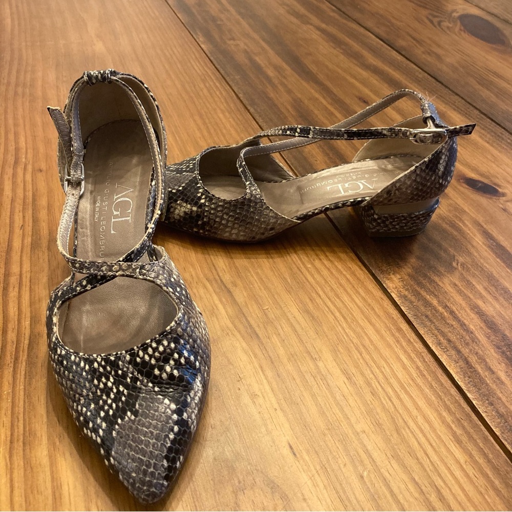 AGL Womens  EU 38.5 Leather Snake Print Block Heel Strappy Shoes
